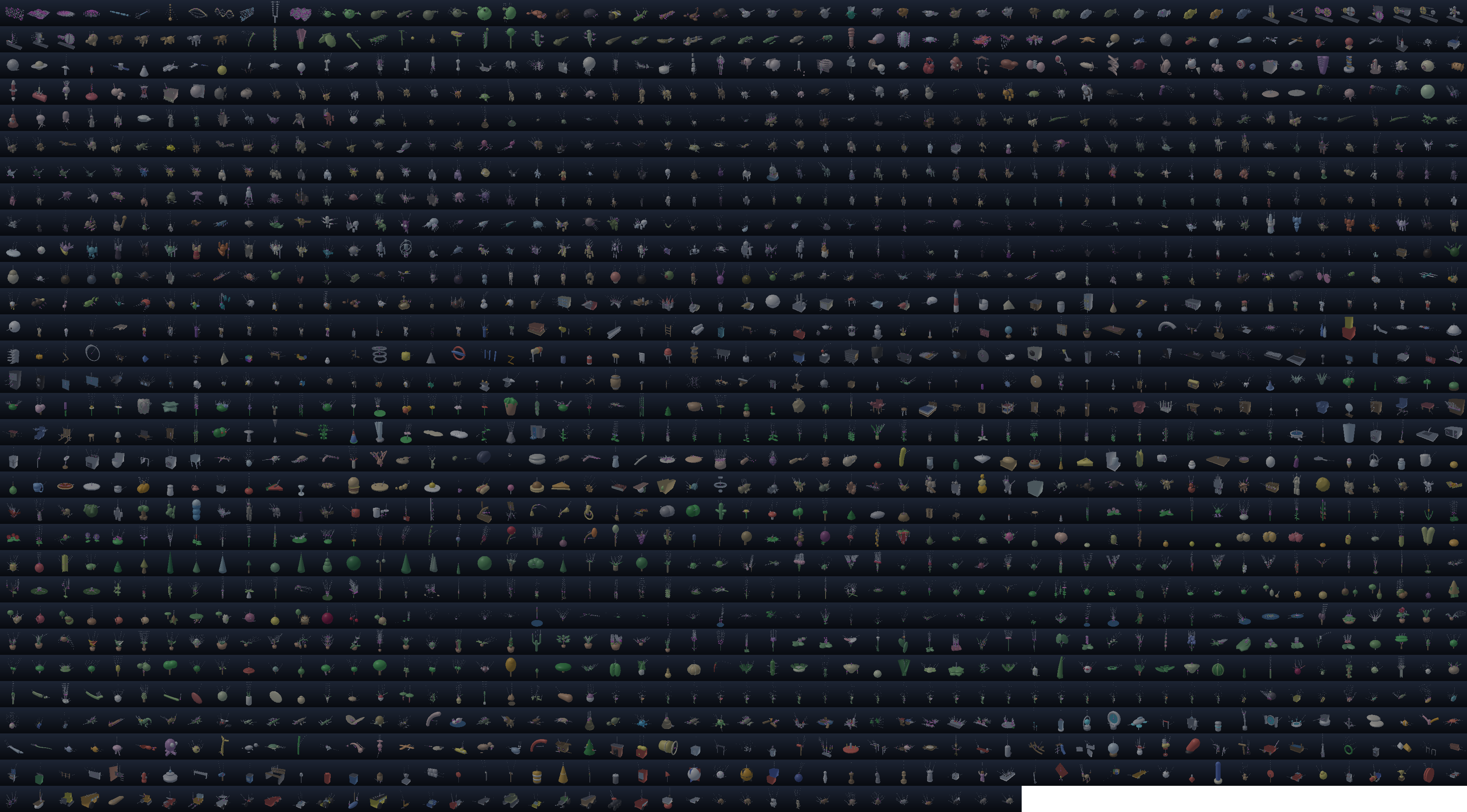 A 56 by 31 grid of small renders, one per swept source, each with pink motion-hook markers and grey trail dots on the parts detected as moving.