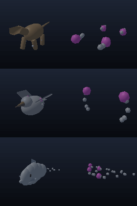 Three animals shown two ways: full mesh with pink hook markers on the left, versus markers alone with the mesh hidden on the right.