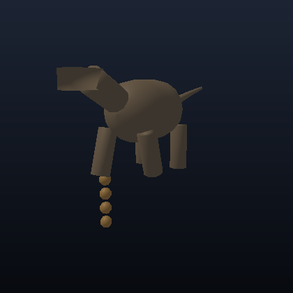 A walking quadruped with two flexible chains hanging from its tagged front-left leg, whipping around with the gait.