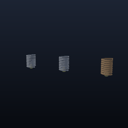 Three coil springs of different materials, each holding a hanging mass, bouncing and settling at different lengths.