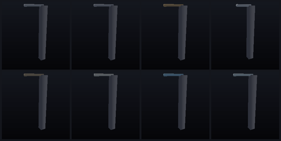 Eight wall-mounted arms under a ramping force; four snap off at different moments and fall.