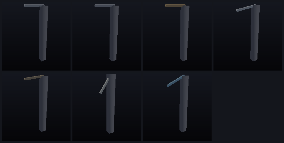 Seven identical wall-mounted arms, one per material, bending under a hand-force and releasing.