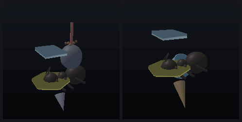 Before and after of an edited part build: the engine pod and its chained antenna removed, spikes recolored, a slinky tail added.