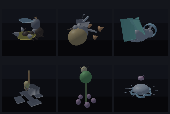 Six different animated creatures and machines, each customized with attached parts and live effects.