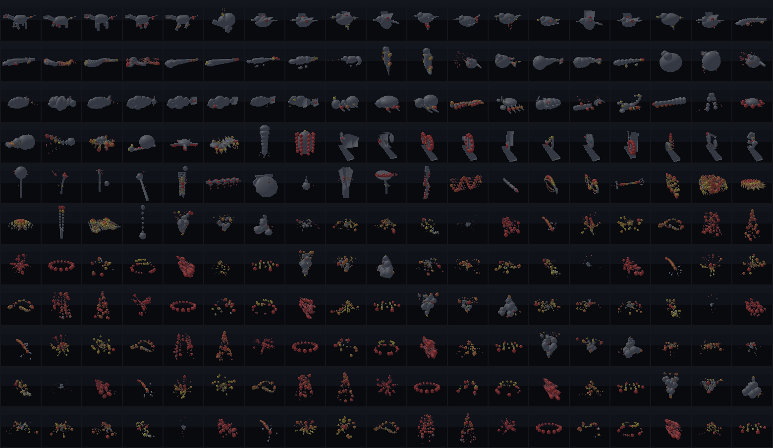 A 19-column grid of 209 pieces combining every creature clip with migrated spell and monster particle effects.
