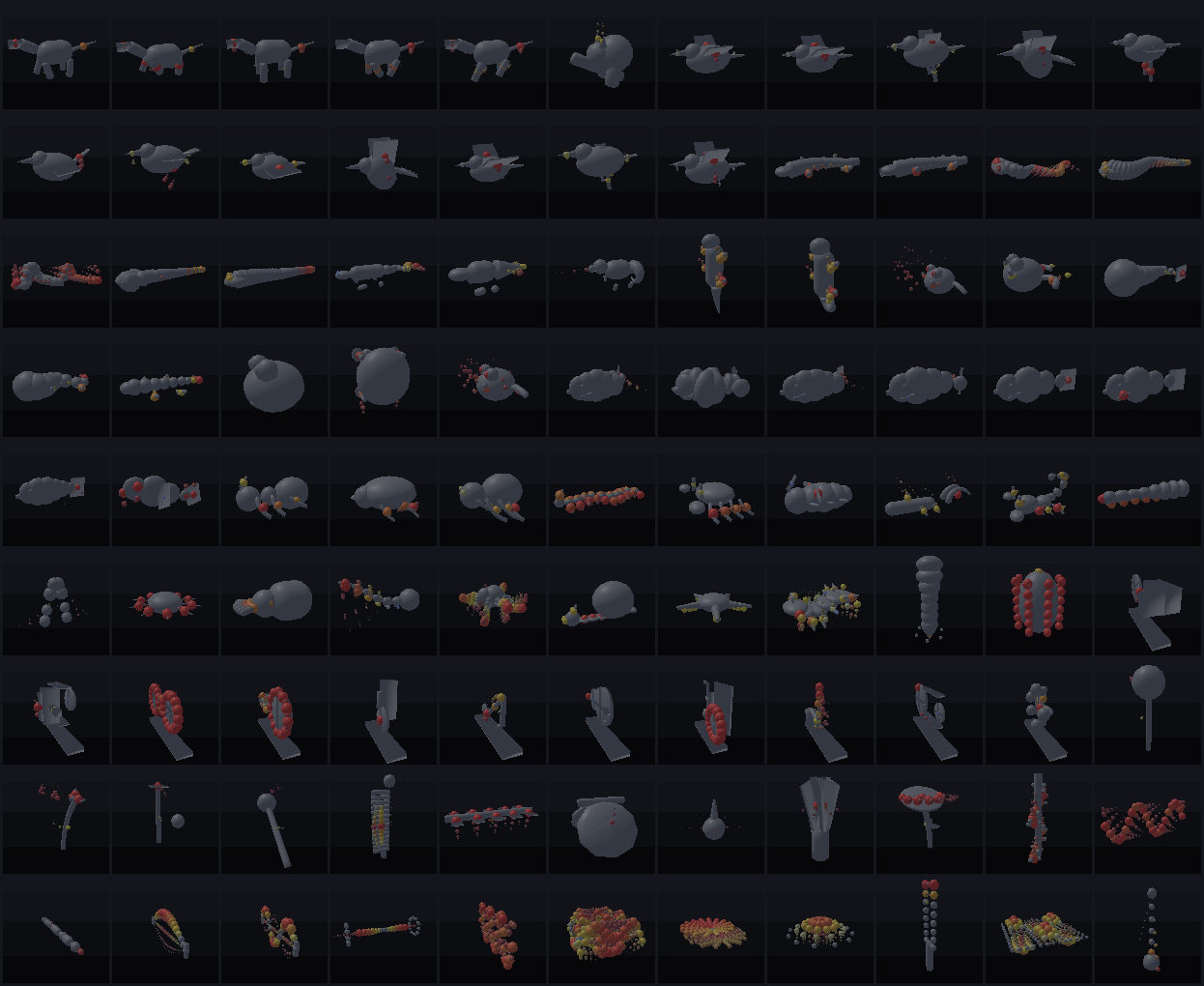An 11 by 9 grid of 99 animated creatures, each with a heatmap-and-trail overlay showing which parts move the most.
