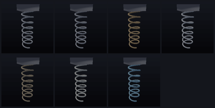 Seven coil springs of the same geometry, one per material, pulled and released.