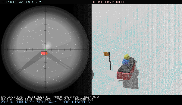 Split-screen avalanche loop: telescope observer left, third-person chase right, live physics HUD