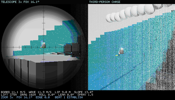 Split-screen surf loop: telescope observer left, third-person chase right, live physics HUD