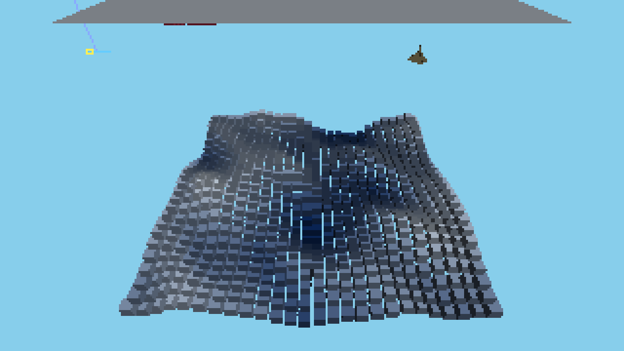 A grid of cubes rising and falling as a shaded ocean height field.
