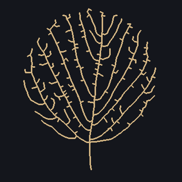 A gold branching tree grown by space colonization.