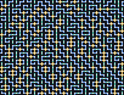 A connected teal, blue and gold pipe network from wave function collapse.