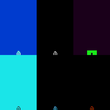 Six-panel debug view: temperature, smoke, fuel, oxygen, velocity and emission side by side.