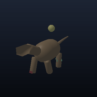 A walking quadruped with four attached parts: a floating orb that doesn't touch the body, a boot riding the front foot, a four-spike snap ring on a hind leg, and a shoulder pad.