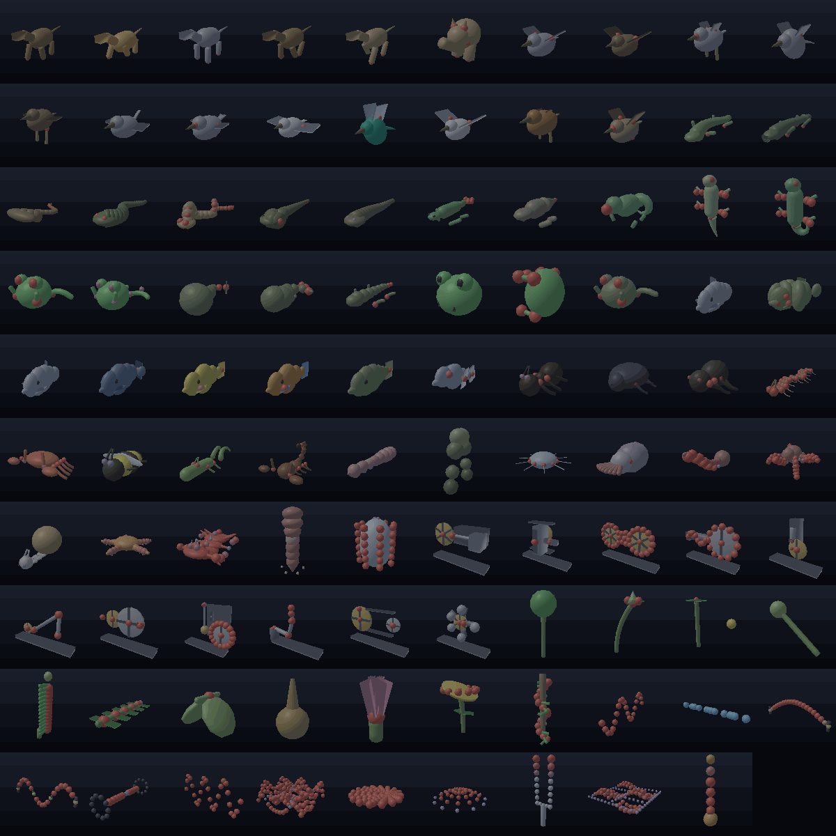 A 10-by-10 grid of all 99 ObjectKit animated clips, each with small colored dots marking the parts detected as moving.