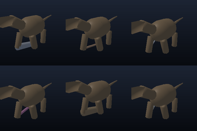 Six identical whisker-shaped parts attached to the same walking quadruped's foot, one per material, visibly diverging in how far they bend and whether they spring back.
