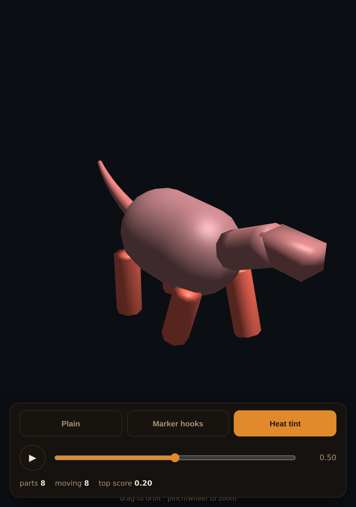Screenshot of the live studio in heat-tint mode, showing the same quadruped's legs recolored hot orange.
