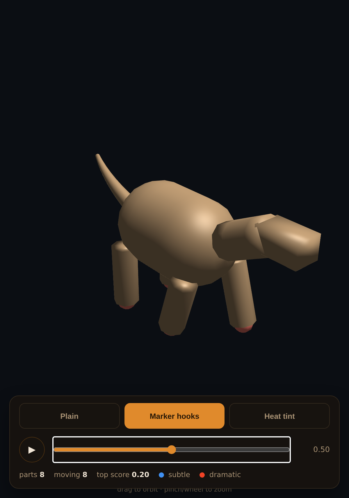 Screenshot of the live studio in marker-hooks mode, showing red dots at all four feet of a walking quadruped mid-swing.