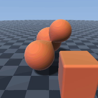 An orbiting camera around three orange spheres blended together and a rounded box, sitting on a checkerboard floor under a blue sky, with soft shadows.