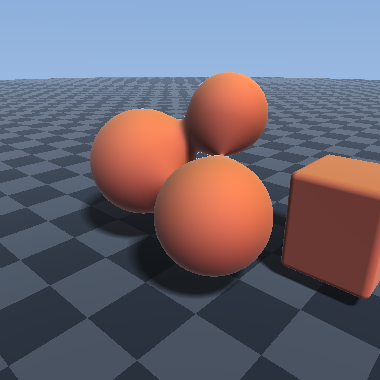 A single rendered frame of the blended spheres and rounded box on the checkerboard plane.