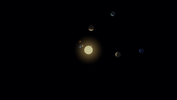 Camera diving from a top-down view down onto the ecliptic plane, faint orbit rings and Saturn passing overhead.