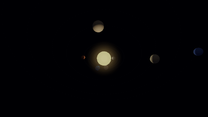 The Sun glowing at frame centre with several PBR-shaded planets caught as lit crescents against black space.