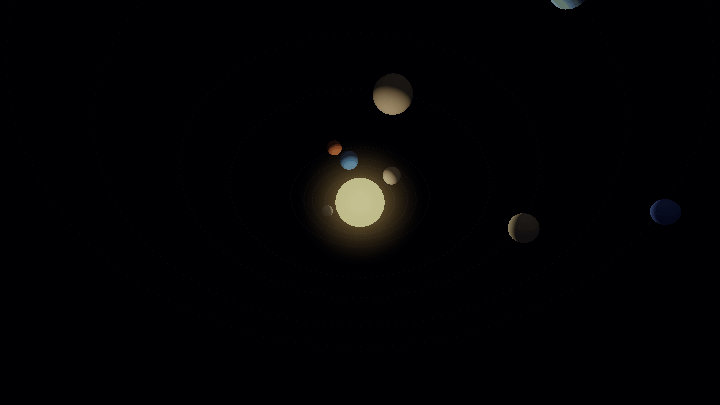 An elevated camera circling the Sun while planet positions advance over about a year and a half.