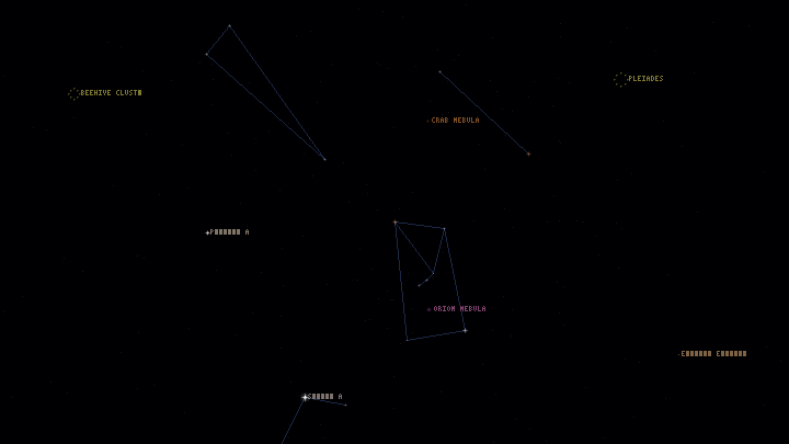 A drifting star field aimed at Orion, with constellation lines and labels for the Pleiades, Beehive Cluster, Crab Nebula and Orion Nebula.