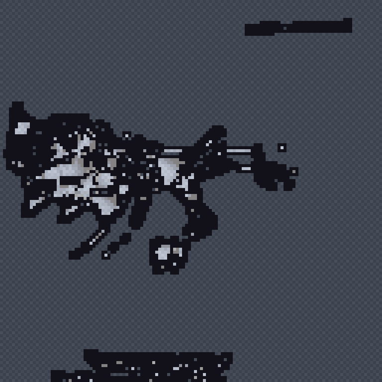The same ant model reduced to a small palette and upscaled into blocky pixel art with dark edge ink.