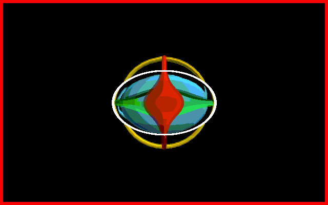 A spinning shaded Utah teapot with a gyroscope, framed by a red border, with a bouncing fisheye magnifier lens sweeping across it, rendered as terminal half-block graphics.