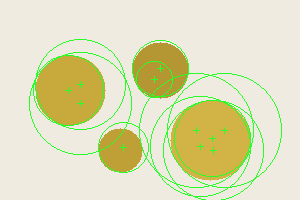 The same image with detected circles outlined in green and center crosses